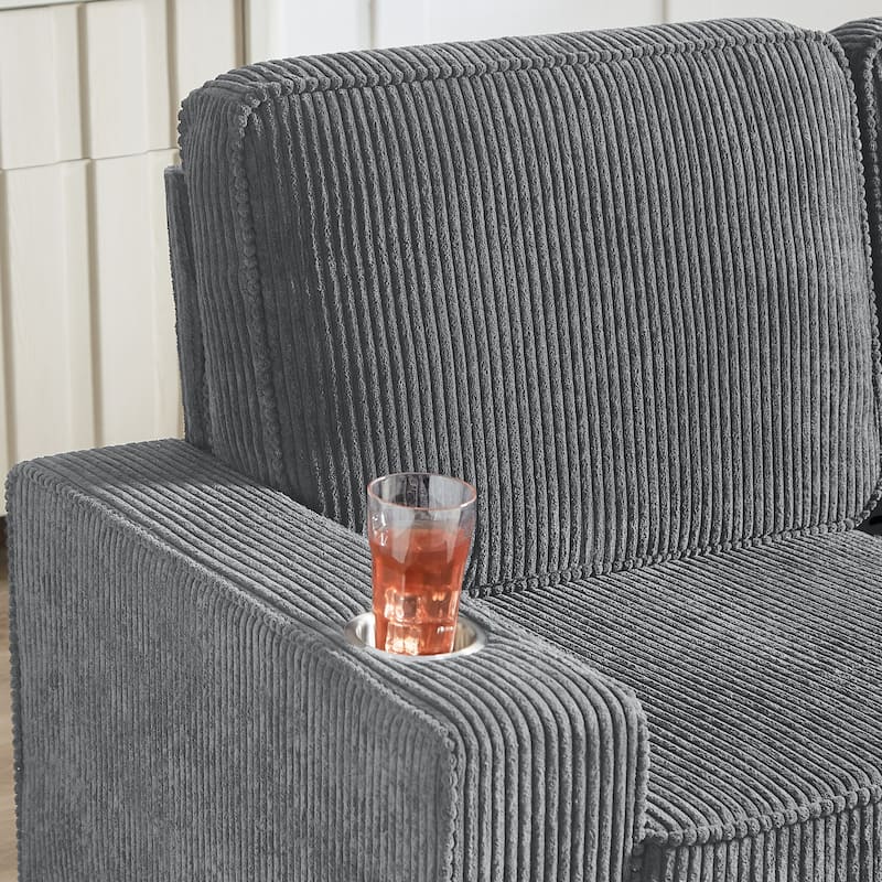 84.25" Corduroy 3-Seater Sofa with Cup Holder Armrests - High-Density Sponge and Spring Cushions