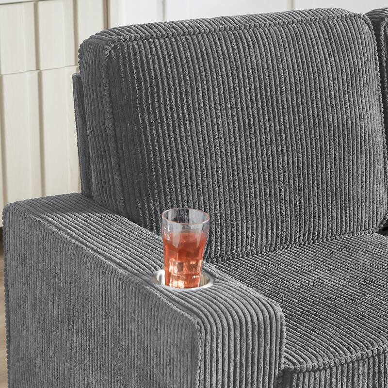 Corduroy Fabric Deep Seat Sofa, Cloud Sofa with Washable Backrest Cushion, 3 Seater Sofa with 2 Cup Holders & Square Arm