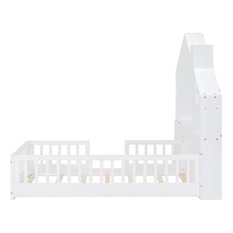 White Wooden House Platform Bed with Window and Roof, Bedside Drawers, Shelves, Sockets, and USB Port