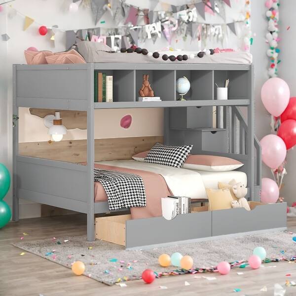 slide 2 of 39, Twin Over Full Bunk Bed with Shelves, Storage Staircase, & 2 Drawers, Solid Pine Wood, Multiple Colors Gray
