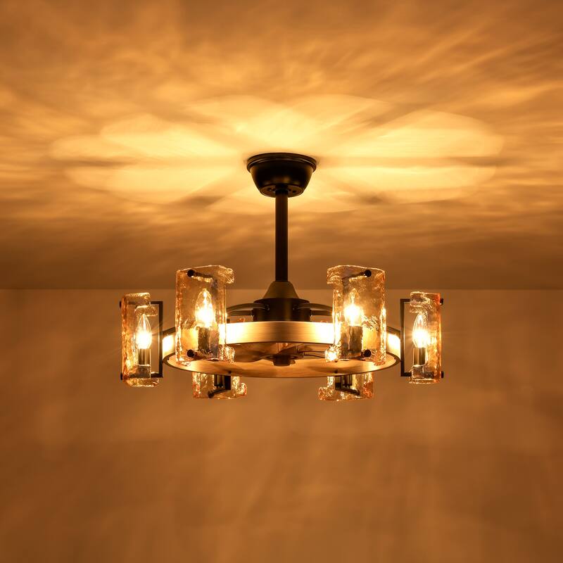 26.4 in. 6-Light Farmhouse Wood Finish Drum Ceiling Fan with Amber Glass Shades and Remote Control - 26.38 in. W x 7.87 in. H