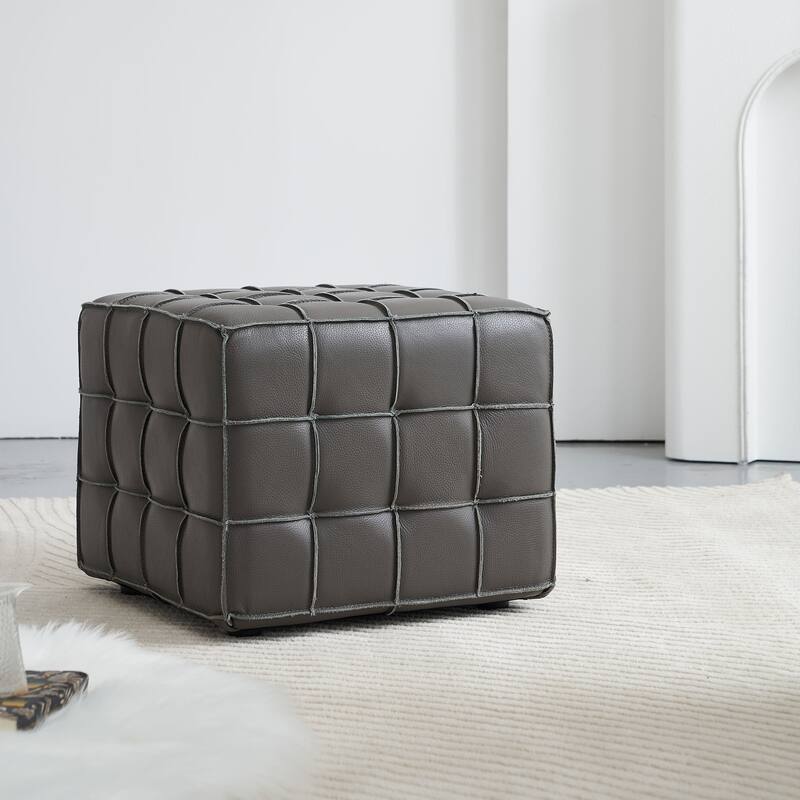 17.32" W Genuine Leather Tufted Ottoman,Footstool for Living Room & Bedroom,Grey