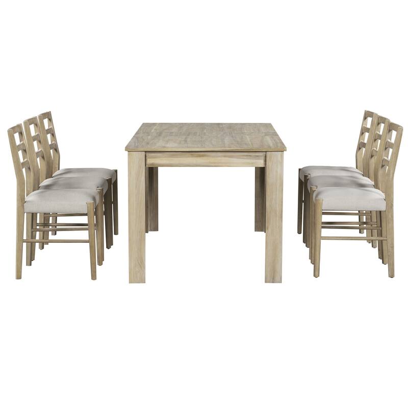 Natural Wood Wash Rustic 7-Piece Wooden Dining Table Set with 6 Chairs & Extendable Table