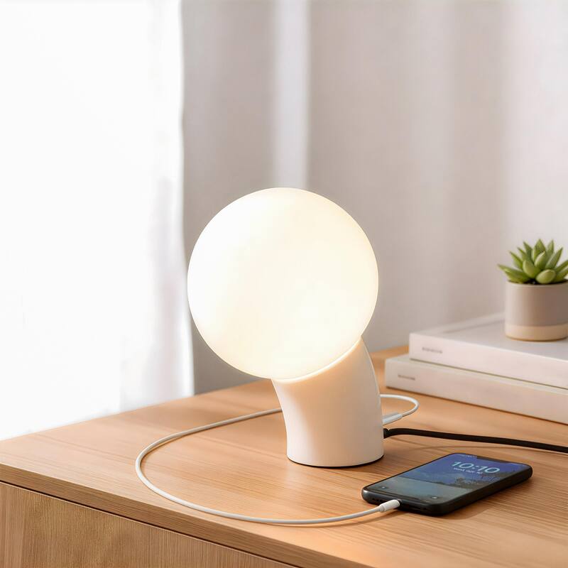 Vino LED 7.95 in Glossy Cream Midcentury Round Globe Dimmable Bedside Nightstand Desk Lamp with Fast Charging USB-C Port