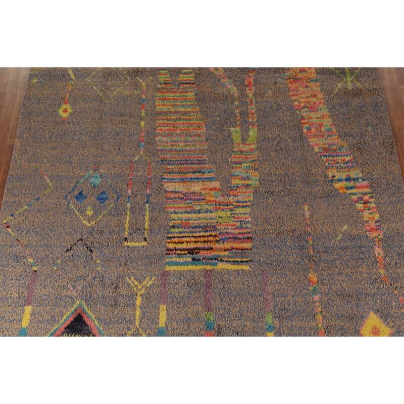 Brown & Blue Moroccan Abstract Area Rug Handmade Wool Carpet - 8'10"x 12'9"