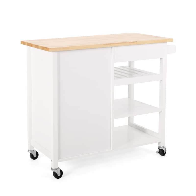 Contemporary Kitchen Cart with Rubberwood Top, Multi-Function Storage Drawer, Open Shelves, Rolling Casters with Locks