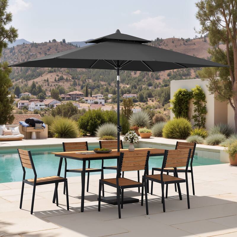 9 PC Outdoor Patio Dining Set Wood-Like Aluminum Umbrella Hole Table with Stackable Chairs,Double Top Market Umbrella and Base - BrownTable&BrwonChairs&BlackUmbrella