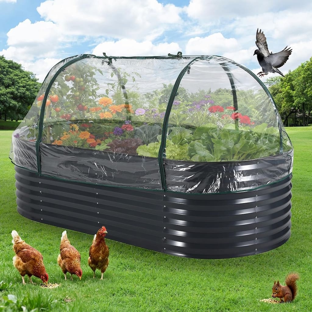 8x4x2 ft Oval Galvanized Steel Raised Garden Bed Kit with Zippered Cover - Open-Bottom Planter Gray