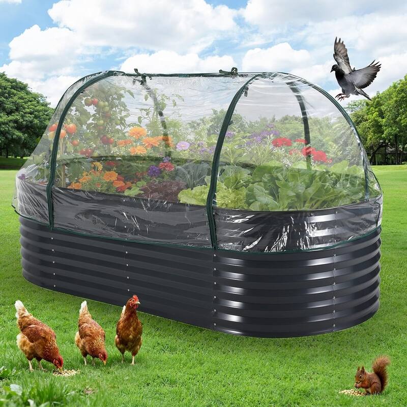 8x4x2 ft Oval Galvanized Steel Raised Garden Bed Kit with Zippered Cover - Open-Bottom Planter Gray - 240*120*60cm