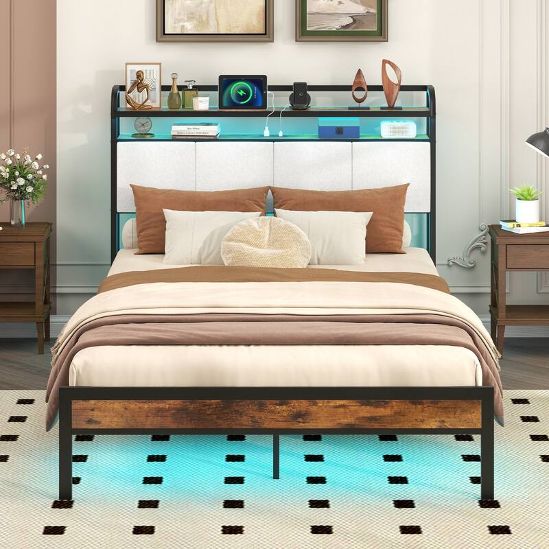 Gymax Full Size Bed Frame w/LED Light & Charging Station Heavy Duty