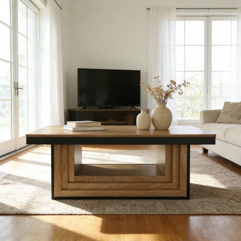 47" Retro Modern Coffee Table With Open Shelf For Living Room