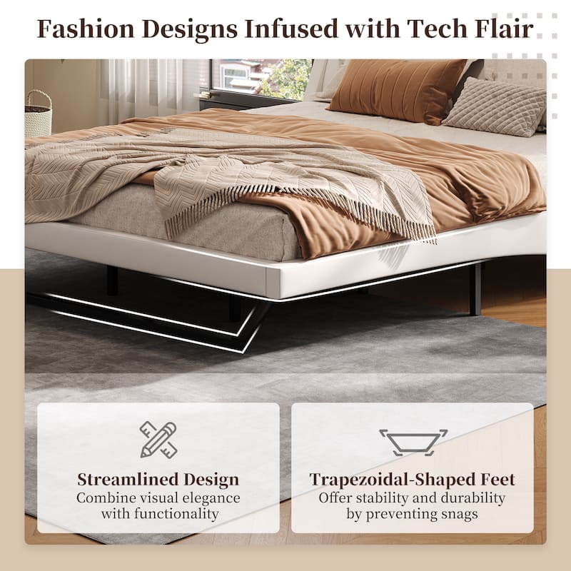Wave-Like Curve Design Platform Bed Pu Leathe Upholstered Bed Frame Wooden Slat Support