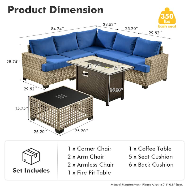 XIZZI 7 Pieces Patio Furniture Wicker Sectional Sofa Set with Fire Pit Table