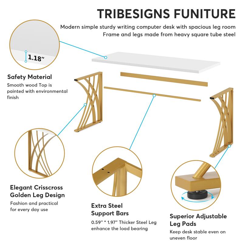 Modern Gold/White Computer Desk, 55 inch Dining Table with Gold Legs, Vanity Table, Conference Table
