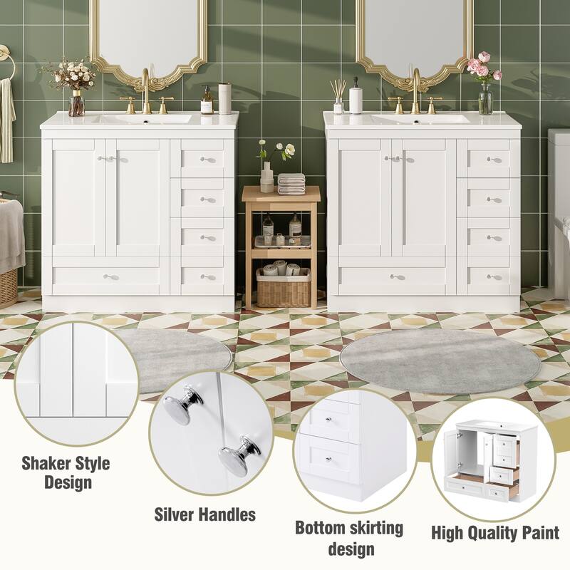 GDFStudio - Natura Shaker Style Double Ceramic Sink Freestanding Bathroom Vanity Set with Soft-close Drawers and Doors, Set of 2