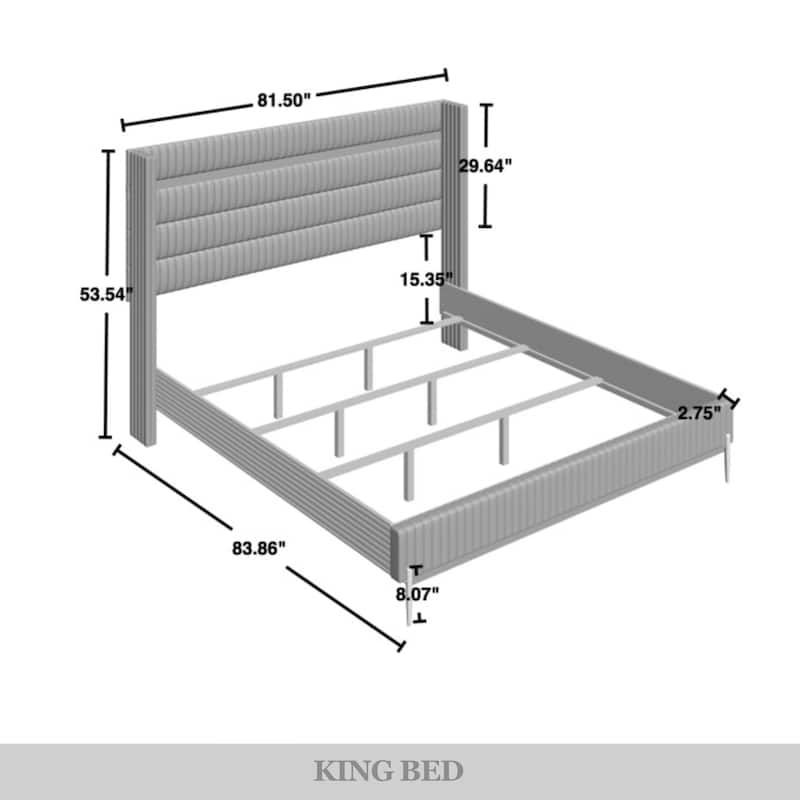 CraftPorch Corduroy 4-pieces Glam Grey Bed with Light Grey Furniture Bedroom Set