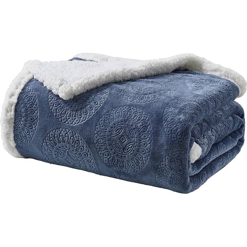 Bon Iver Collection by Décor&More Extra Soft Mandala Embossed Microplush Throw Blanket with Sherpa Backing (50" x 60") - Beige
