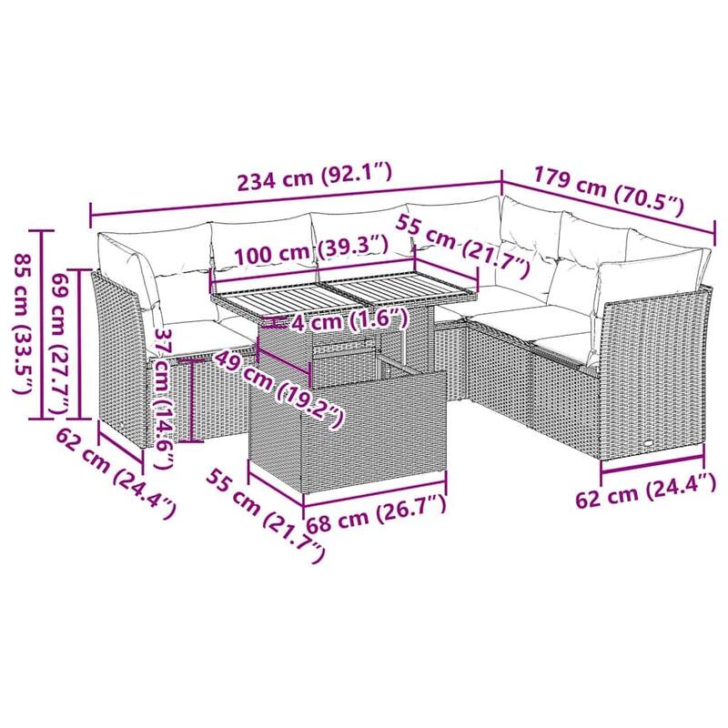 vidaXL Patio Sofa Set with Cushions Center and Corner Seats 7 Piece Poly Rattan - 21.7 x 24.4 x 27.2