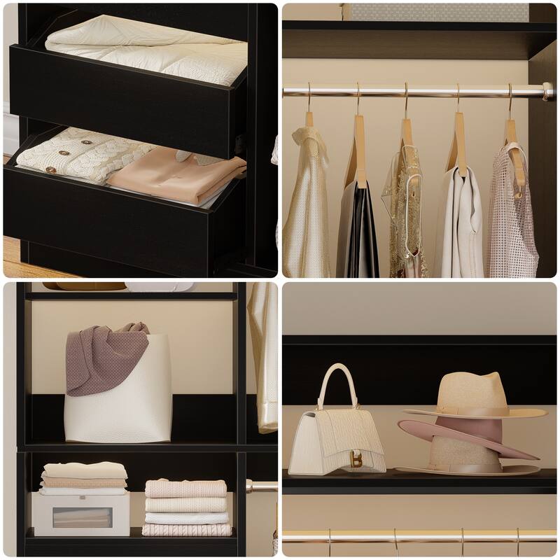 Qvella 72'' Closet System with 6 Wooden Drawers and 4 Hanging Rods, Walk-in Closet Organizer with 10 Storage Shelves