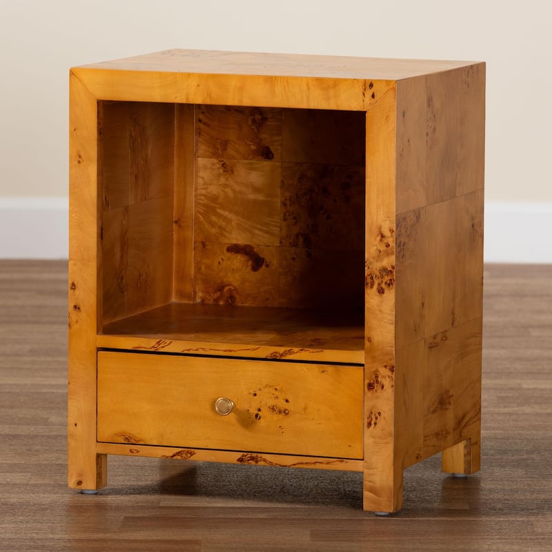 Camira Modern and Contemporary Natural Light Mappa Real Burl Wood 1-Drawer Nightstand