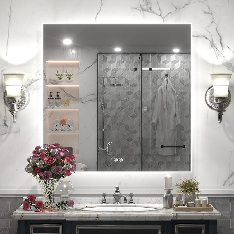 Frameless Anti-Fog 3 Colors Dimmable LED Backlit Wall Bathroom Vanity Mirror - 36" x 36"-Square