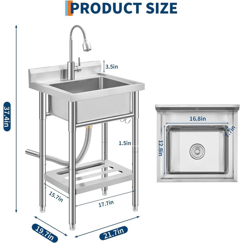 Freestanding Single Bowl Commercial Sink with Adjustable Legs, Storage Shelf, S-Hooks