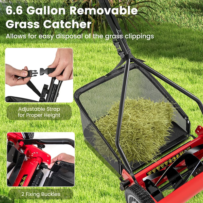 Green Steel Manual Reel Lawn Mower with 4 Heights and Grass Catcher Bag - 21" L x 28" W x 49" H