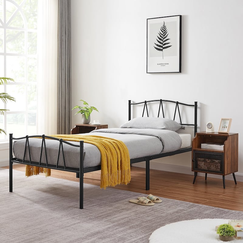 Industrial 3 Piece Bedroom Set Black Platform Bed Frame and Modern Brown Nightstands Set of 2