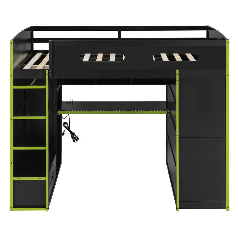 Full Size Wood Loft Bed with Desk - Features Wardrobe, Ample Storage & RGB LED Lights
