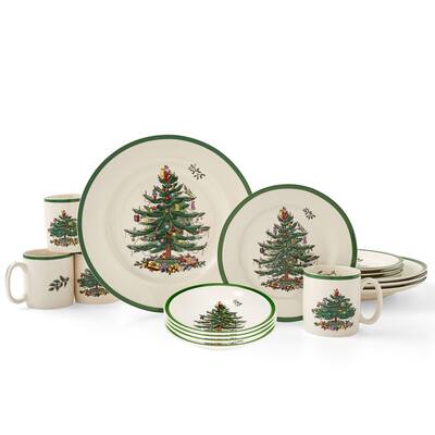 Spode Christmas Tree Collection 16 Piece Dinnerware Set - 10" Plate, 7.25" Salad Plate, 16 oz Bowl, 9 oz Mug