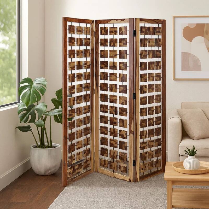 Wooden 3 Panel Room Divider with Interconnected Square Blocks, Brown