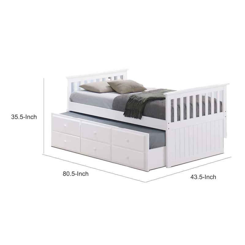 Clen Twin Captain Bed, Trundle with 3 Drawer Storage, White Solid Hardwood