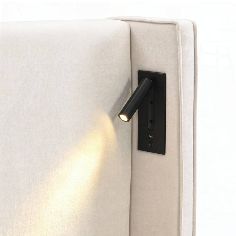 Upholstered Bed Frame with High Wingback Headboard,Reading Lamp and USB port