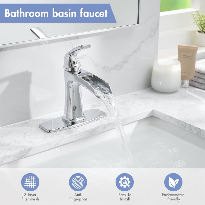 Single hole 1-handle Waterfall Handle Bathroom Sink Faucet with Drain with Deck Plate