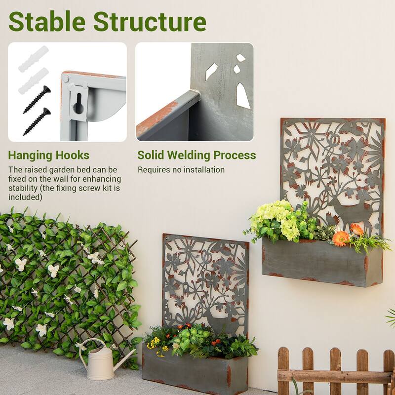 Gymax Set of 2 Decorative Raised Garden Bed Wall-mounted Metal Planter