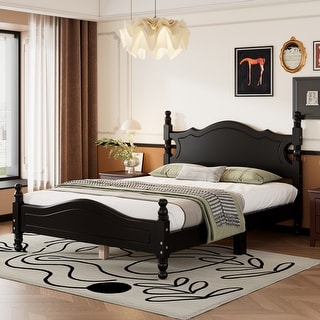 Retro Platform Bed Wood Bed Frame With Headboard And Footboard, Black ...