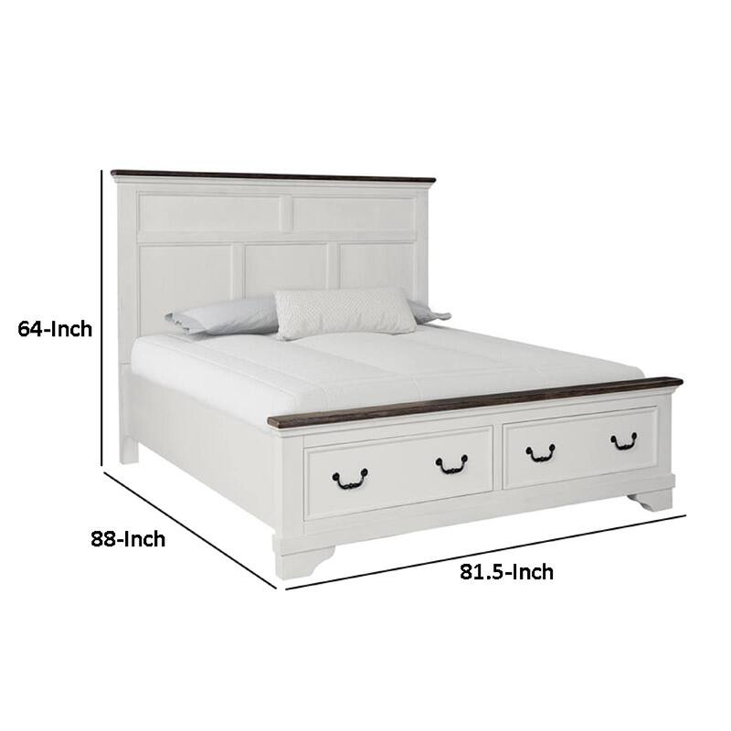 Hamps King Size Bed, 2 Drawers, White and Dark Brown Solid Wood Frame