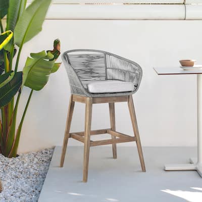 Tavira Indoor Outdoor Counter Height Bar Stool in Aged Teak Wood with Grey Rope