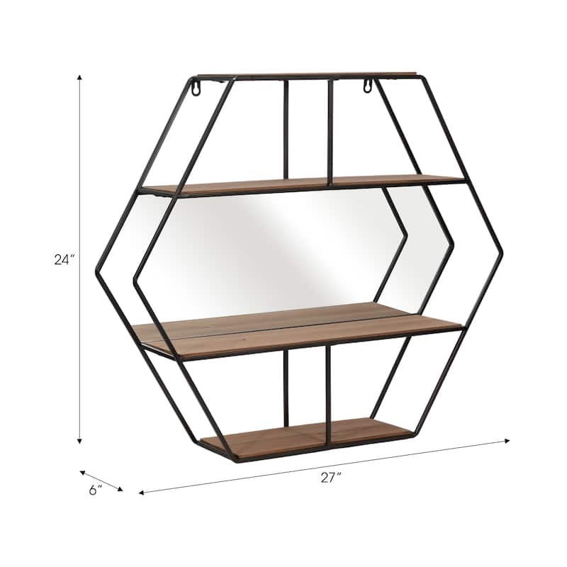 Metal 24" Hexagon Wall Shelf with Mirror, Brown 23.6"H - 26.8" x 5.9" x 23.6" - 27" x 6" x 24"