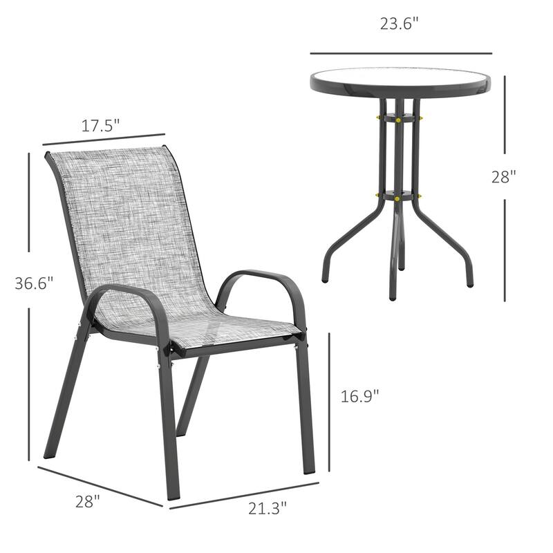 Grey and Black Small Patio Furniture Set with 2 Armchairs and Round Tempered Glass Table - 21.3" W x 28" D x 36.6" H