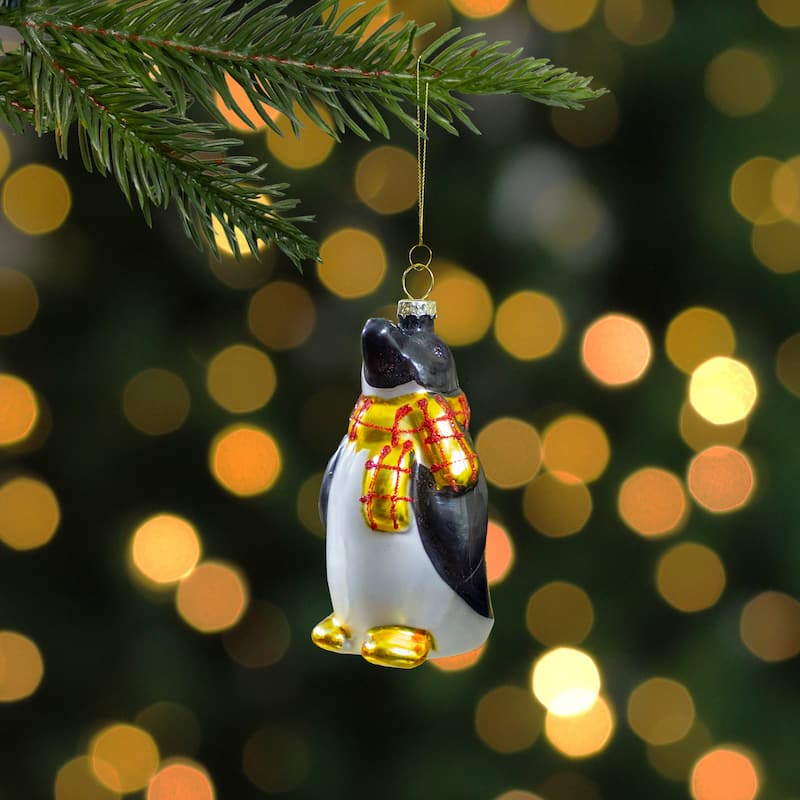 Glass Penguin Christmas Ornament - 3.75" - Black, White and Yellow