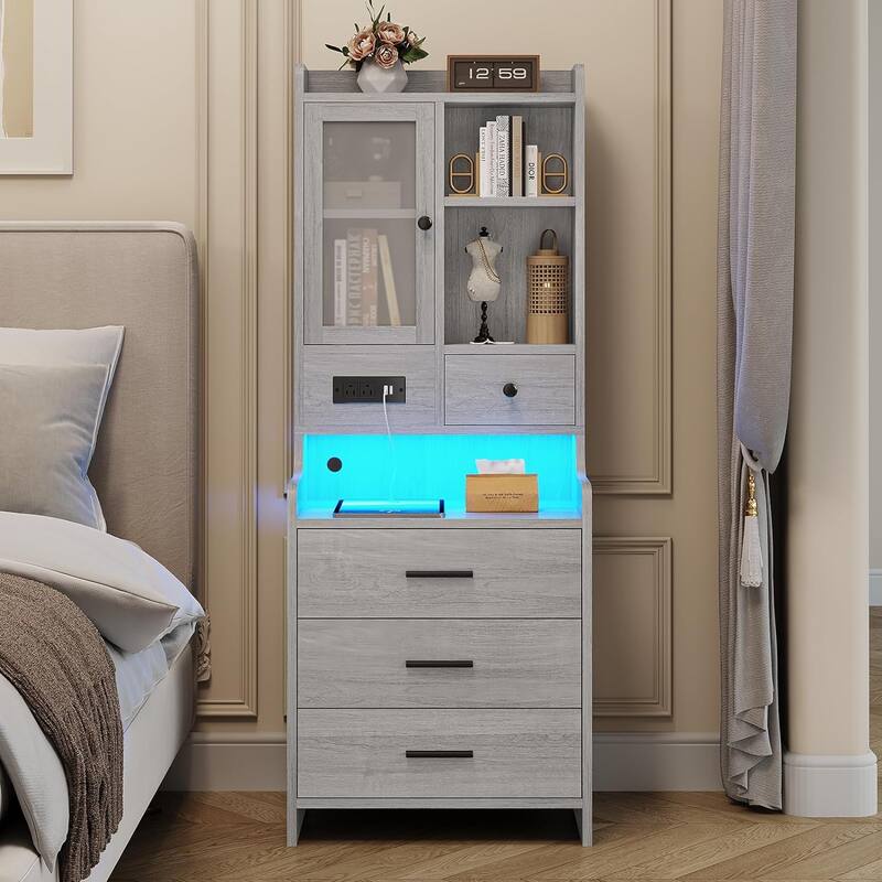 Tall Nightstand Charging Station 3 Drawers & Shelves LED Glass Door - Grey