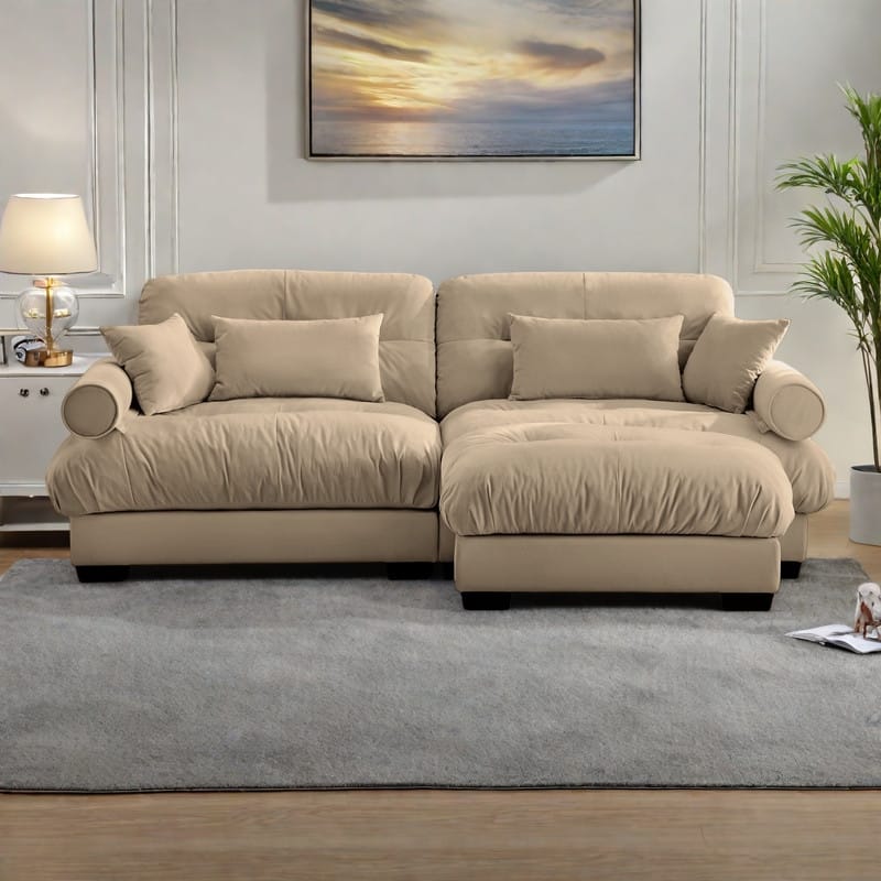 93.7" Oversized Velvet 2-Seater Sofa with Ottoman, Round Bolster Armrests, and Included Pillows