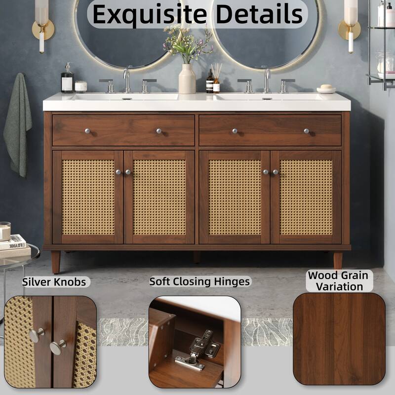 Christopher Knight Home - Bellmere 60" Modern Double Sink Bathroom Vanity with SMC Sink, Soft-Close Storage, and Wood Legs