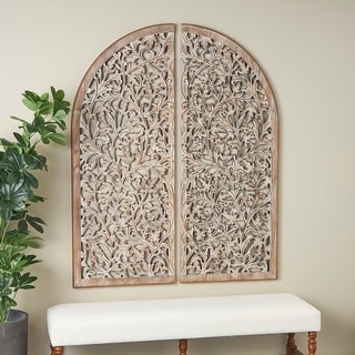 Brown Wooden Handmade Arched Floral Wall Decor with Intricate Carvings (Set of 2)