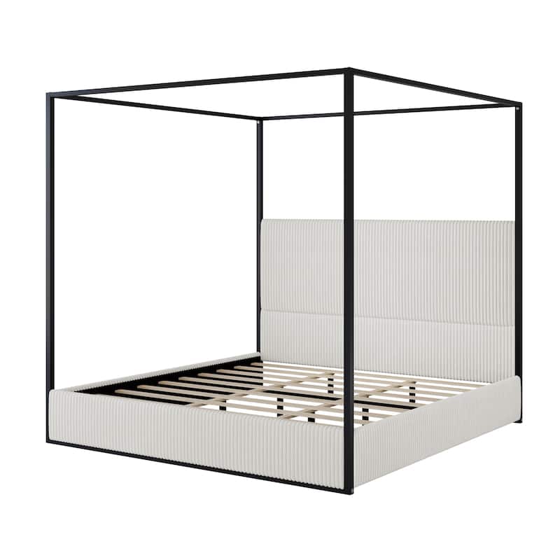 Contemporary Corduroy Upholstered Canopy Bed with Tall Headboard & Sleek Metal Frame