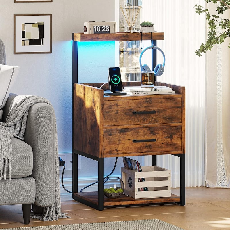 2 Drawer Nightstand with LED Lights Charging Station
