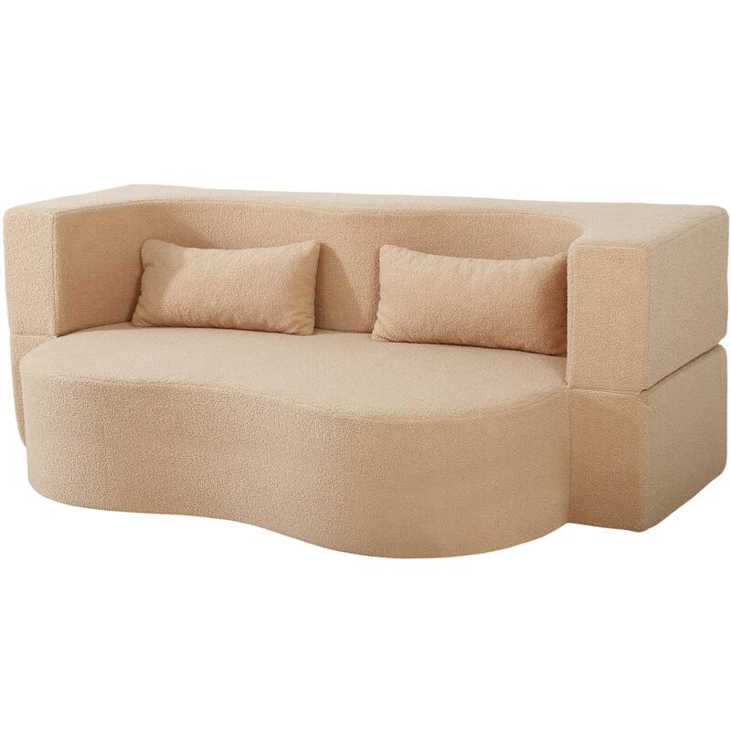 2-in-1 Convertible Sofa Bed, Folding Loveseat Couch with Soft Teddy Fabric, Floor Sleeper Sofa Mattress with 2 Pillows