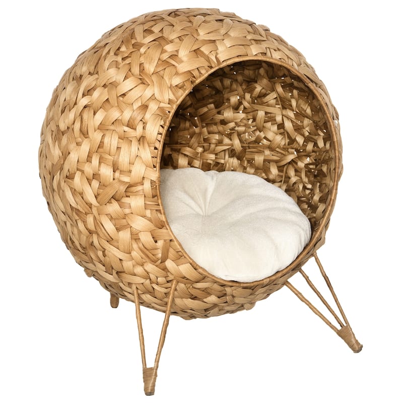 PawHut 20.5" Natural Rattan Cat House, Elevated for Comfort and Circulation, Cushion Included as Animal Bed