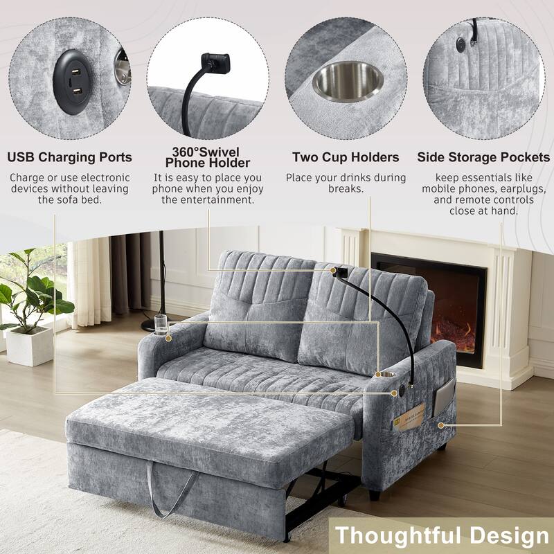 Chenille Loveseat Convertible Pull-out Sleeper Sofa Bed, Tufted Couch w2 Cup Holders Phone Holder & 3 USB Ports, Pockets
